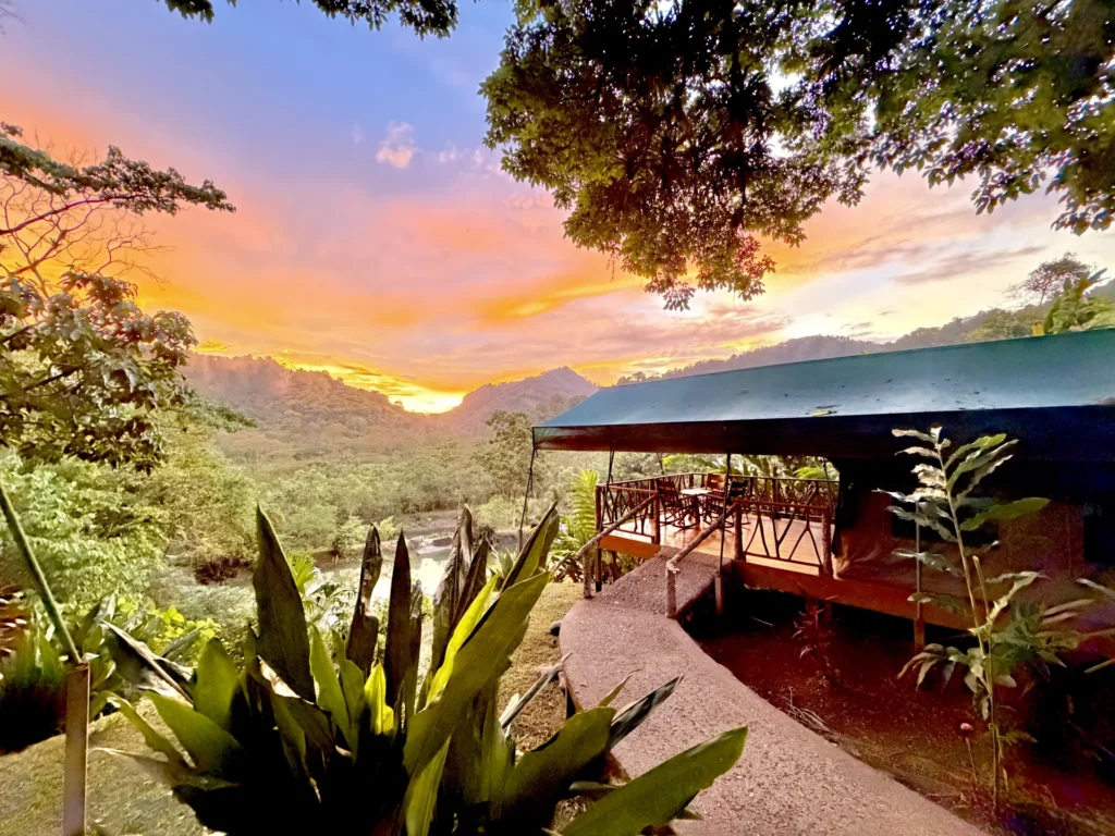 Sunset over the valley from a safari tent