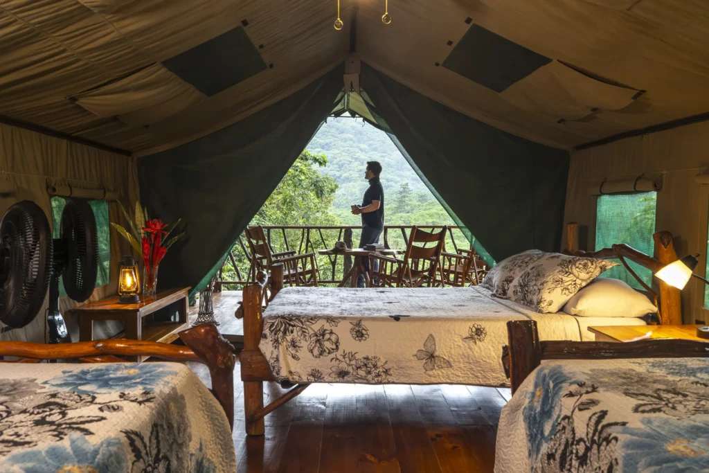 Family tent with a view out to the valley